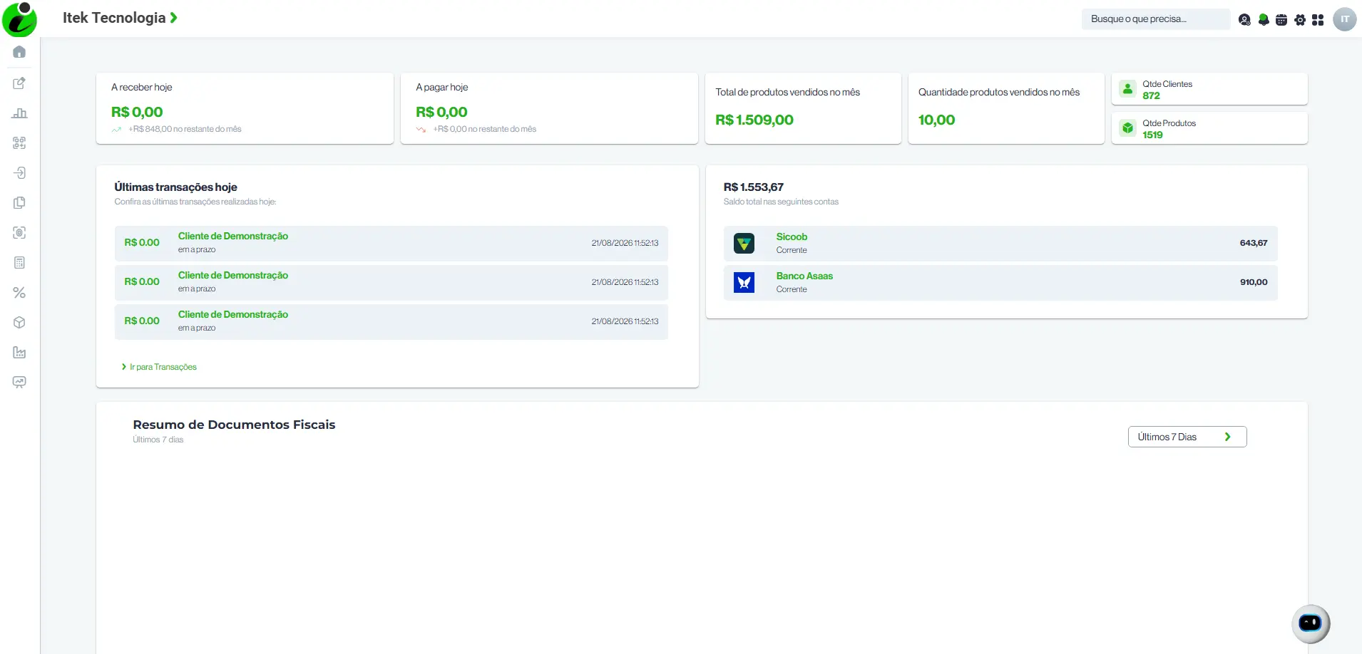 Tela real do painel principal do Itek Web